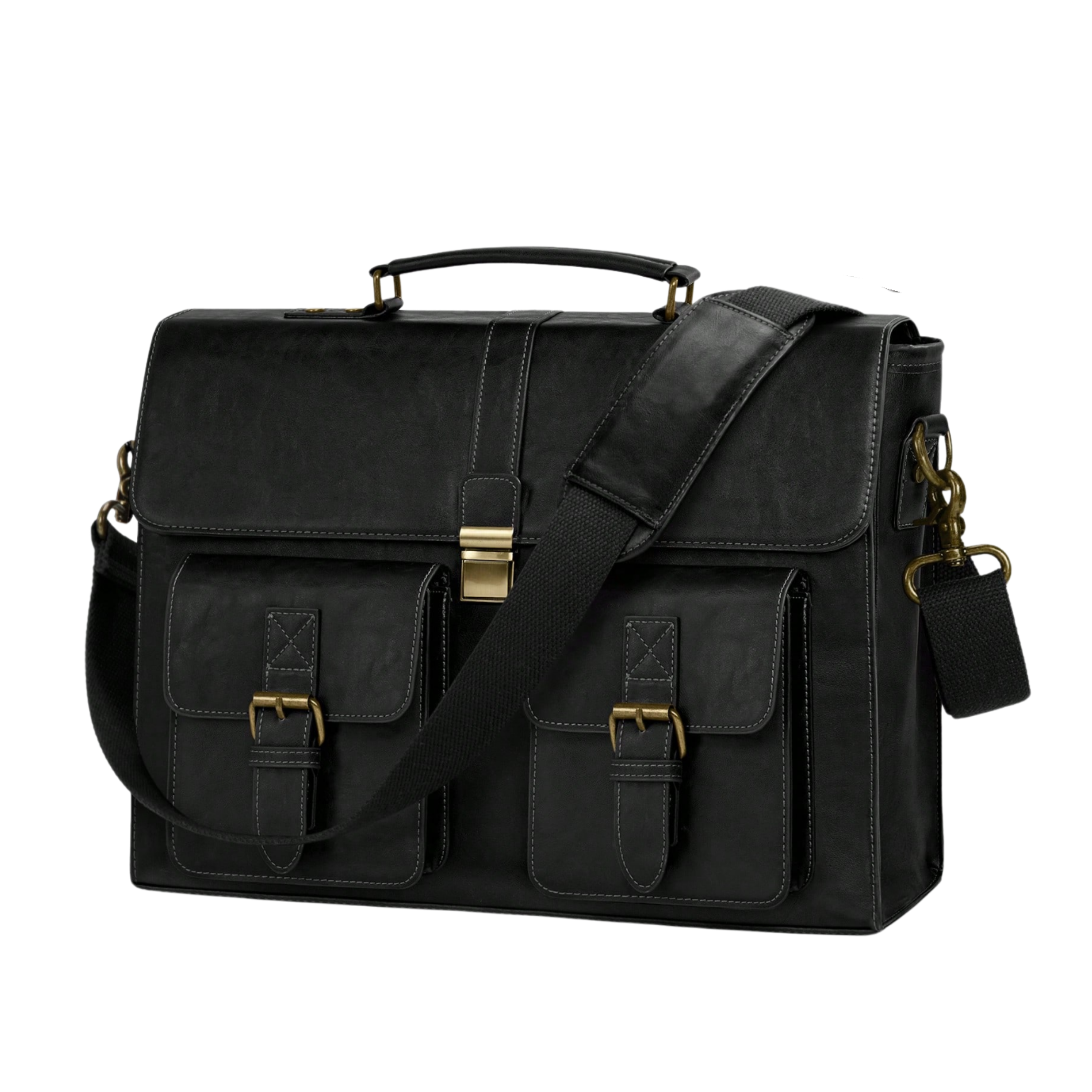 Men's PU Leather Briefcase Double Pockets - Black