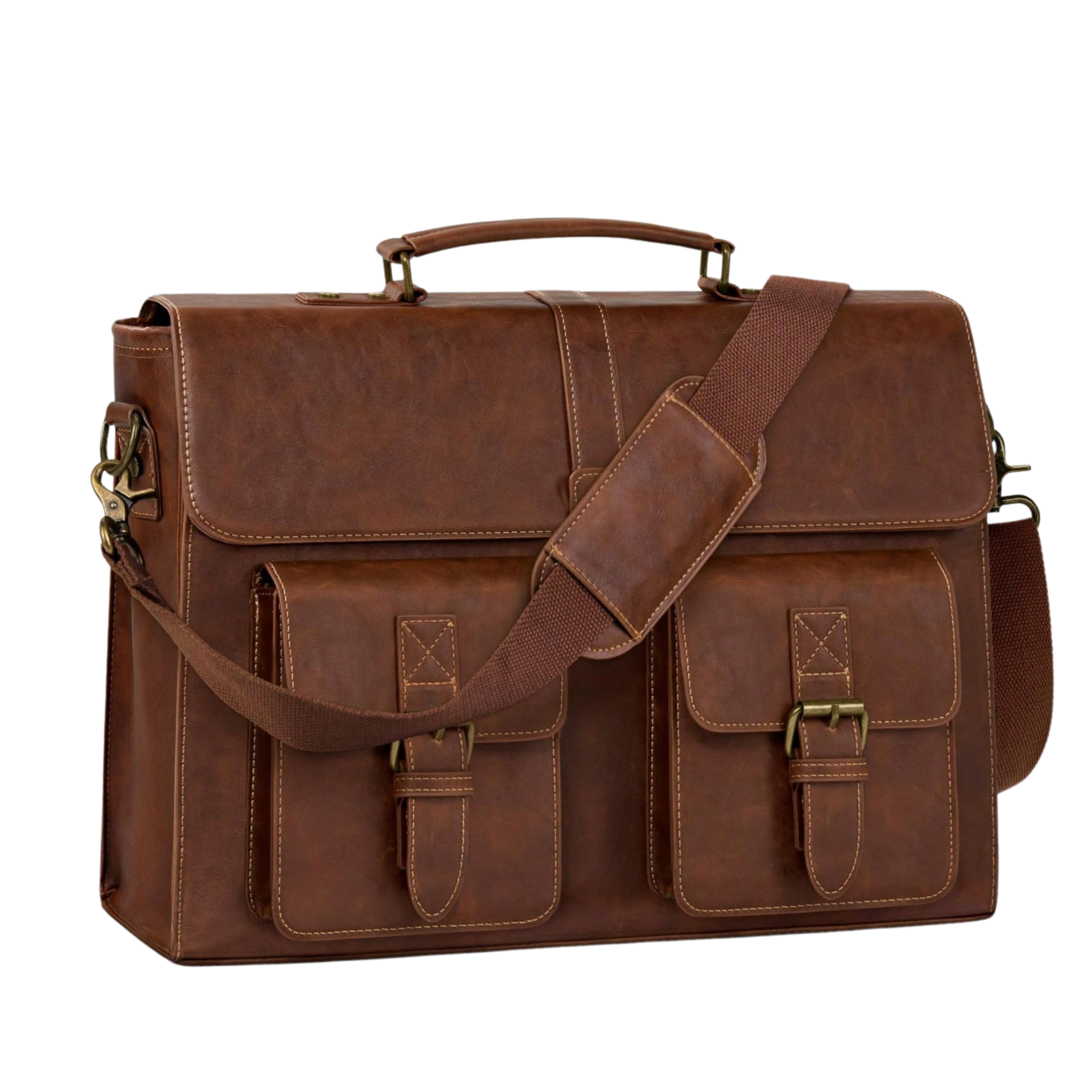 Men's PU Leather Briefcase Double Pockets - Brown